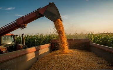 Tractor unloading corn into a grain truck during harvest on a rural farm. Agricultural logistics and harvest concept.