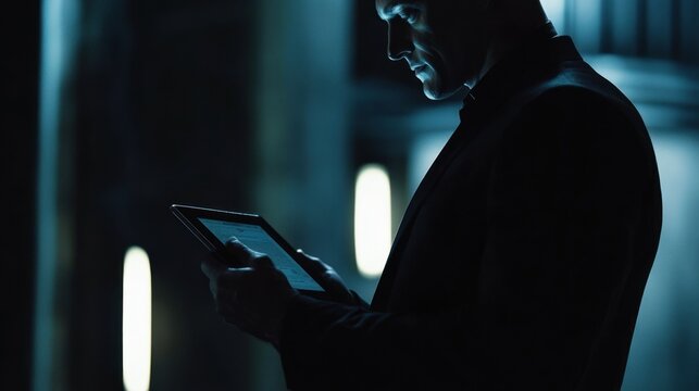 Silhouette of a Man Using Tablet in Low Light