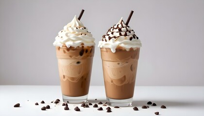 A studio shot of a plastic cup filled with iced coffee, topped with whipped cream and chocolate chips, set against a plain white background