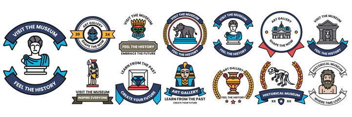 Set of illustrations in the concept of a museum in line art style