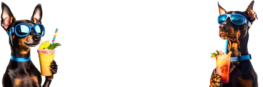 2 confident summer dogs: pincher and doberman while drinking colorful coktails isolated over transparent (white) background