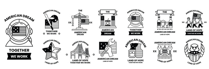 Set of illustrations in the concept of America in line drawing style