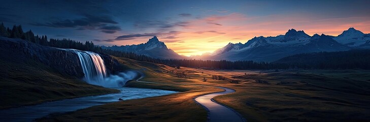 Fototapeta premium Waterfall sunset enchanting glow over illuminated meadow in dusk concept. Serene landscape with waterfall and mountains at sunset.