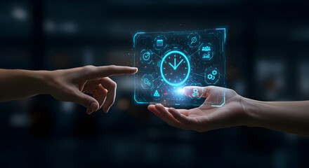 Hands Touching a Holographic Clock in a Dark Ambient Background Modern Technology and Future Concept