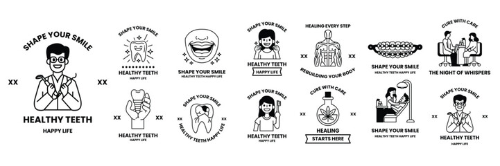 Set of illustrations in the concept of dentistry and medicine in line art style