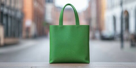 A vibrant green tote bag stands prominently in an urban setting, showcasing its texture against a blurred street background.