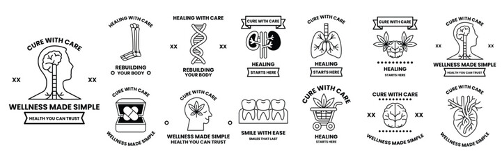 Set of illustrations in the concept of dentistry and medicine in line art style