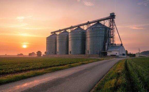 Large grain silos at sunrise on a modern farm. Agricultural infrastructure and storage facility concept.