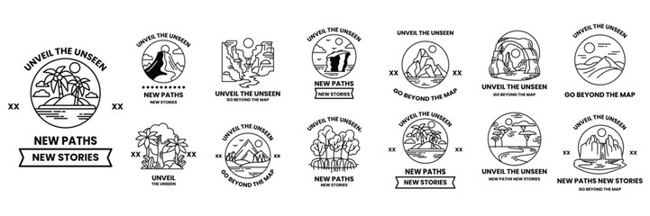 Fototapeta premium set of illustrations in the concept of natural tourist attractions in a line drawing style