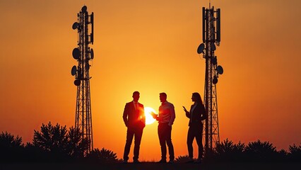 Professionals discussing technology at sunset by communication towers