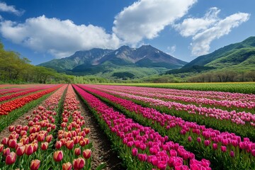 Obraz premium Colorful tulips blooming in front of mount bandai in springtime