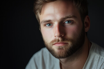 Obraz premium Moody Close-Up Portrait of Handsome Bearded Man with Blue Eyes and Serious Expression Under Studio Lighting