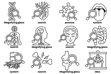 Set of illustrations in the concept of medicine and science in line art style