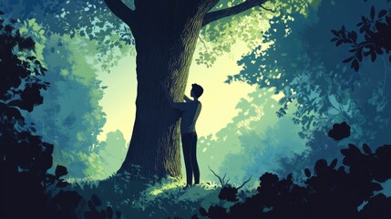 A person hugging a tree in a forest background. Nature conservation, love for nature concept