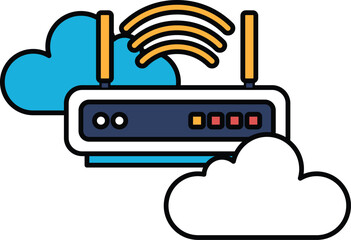 A wifi router is shown with a cloud in the background