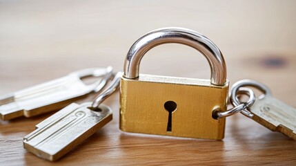Naklejka premium Close Up of Brass Padlock and Keys on Wooden Surface