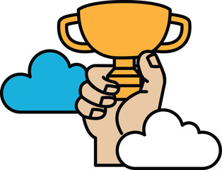 A hand holding a trophy with clouds in the background