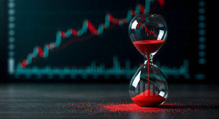 Red Sand Hourglass Symbolizing Financial Markets with Up and Down Charts in the Background