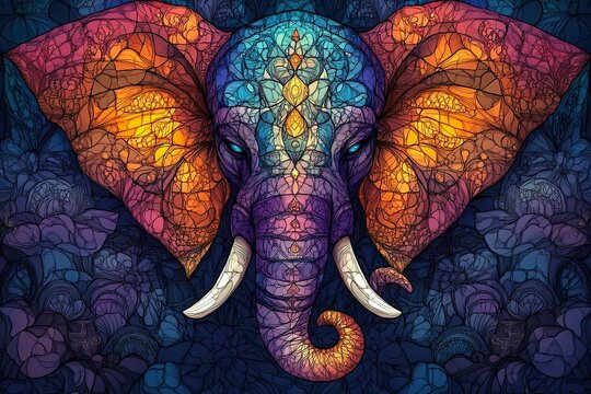 A colorful elephant illustration with vibrant patterns and details