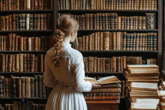 Young woman reads book in an old library filled with vintage books and wooden shelves