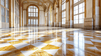 Fototapeta premium grand interior space featuring polished marble floor with striking checkered pattern of white and gold. sunlight streams through large windows