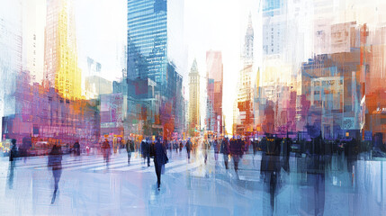 vibrant urban landscape showcasing bustling city street filled with people, skyscrapers, and colorful reflections. scene captures energy and