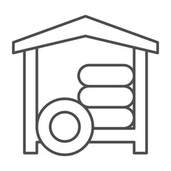 Car wheel waste house thin line icon, tires fitting concept. Vector graphics. Small storage for used tire, car service sign on white background, outline style icon for mobile or web design.