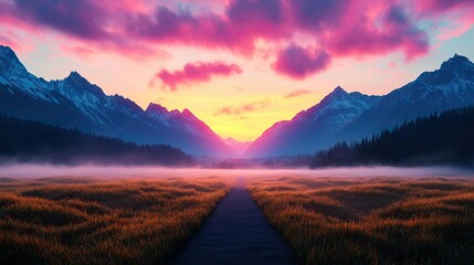 Obraz premium Golden hour sunset peace over tranquil meadow with misty silhouette concept. A stunning sunset over misty mountains and fields.