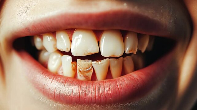 Frontal teeth with tooth decay, Tooth decay, broken teeth, oral health Poor dental health. Oral health problems	