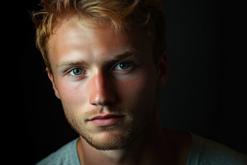 Fototapeta premium Expressive Youthful Portrait of Blonde Male Model with Blue Eyes in Contemplative Studio Lighting