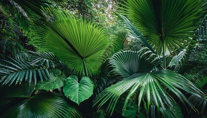 Fototapeta premium lush green tropical foliage with vibrant leaves in dense jungle canopy featuring diverse plant life and natural vegetation