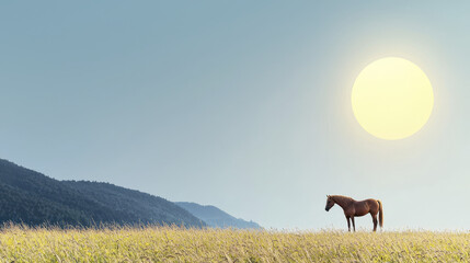 serene landscape featuring horse standing in golden field under large sun, with distant mountains creating tranquil atmosphere
