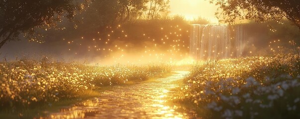 Fototapeta premium Waterfall sunset enchanting glow over illuminated meadow in dusk concept. Serene landscape with a glowing sunset over a tranquil stream.
