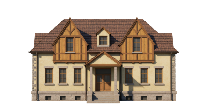 Isolated Two-Story Tudor House with Brick and Timber Details