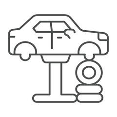 Car vehicle on lift with tires thin line icon, car service concept. Vector graphics. Lift with automobile, chassis repair sign on white background, outline style icon for mobile or web design.
