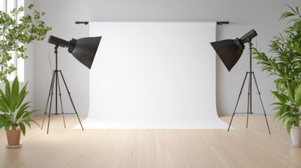 bright and spacious photography studio featuring two large studio lights tripods, clean white backdrop, and lush green plants, creating vibrant