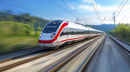 Fototapeta premium Fast train speeding through scenic landscape, showcasing modern transportation technology and vibrant nature. image evokes sense of motion and