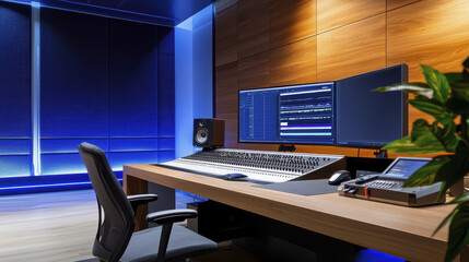 Naklejka premium modern audio studio featuring large mixing console, dual monitors displaying sound waves, and ambient blue lighting, creating professional
