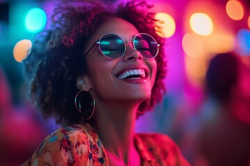 Happy young woman wearing sunglasses enjoying nightlife with colorful lights