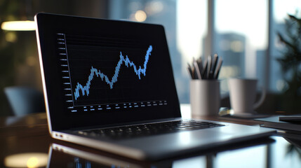 laptop displaying financial graph with rising trend, symbolizing growth and investment opportunities in modern office setting