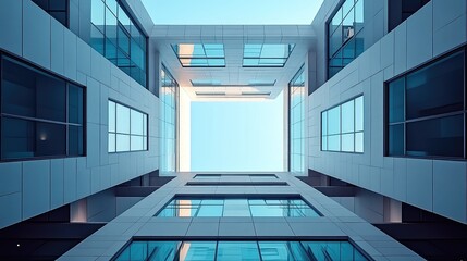 Obraz premium Upward shot of building atrium. Clear skies. Glass reflects light. Geometric symmetry