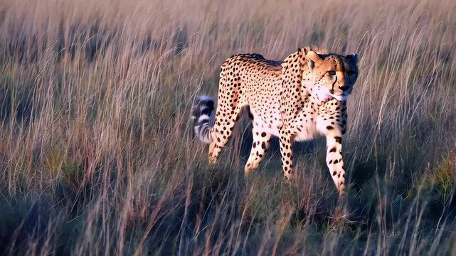 Grassland vantage reveals agile cheetah scanning wide horizon, as cheetah stealth seamlessly merges with golden terrain, cheetah presence sparking strong appeal for high-demand stock buyers.
