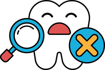 A cartoonish tooth with a magnifying glass on it