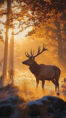 A Serene Red Deer in a Sunlit Field at Sunrise.