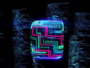 A glowing neon cube floats in a dark space, its surfaces illuminated by bright blue, pink and green contours. A cube is a digital representation of data with maze-like paths running along its edges. 