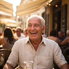 An elderly man laughing heartily at a café