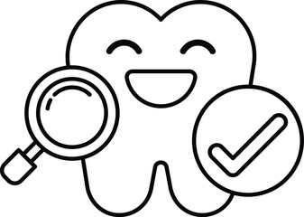 tooth with a magnifying glass on it and a smiley face