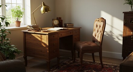 温かい陽光降り注ぐ書斎 落ち着いた木製の机と椅子