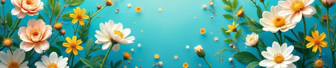 Fototapeta premium Turquoise and golden flowers scattered on a seamless background, wallpaper, colorful, nature