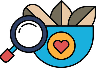A blue bowl with a magnifying glass and a heart in the middle